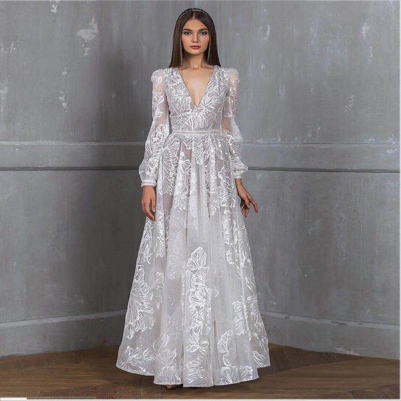 cross-border european and american style sequin dress - new  lace embroidery wedding dress, evening gown, and banquet dress