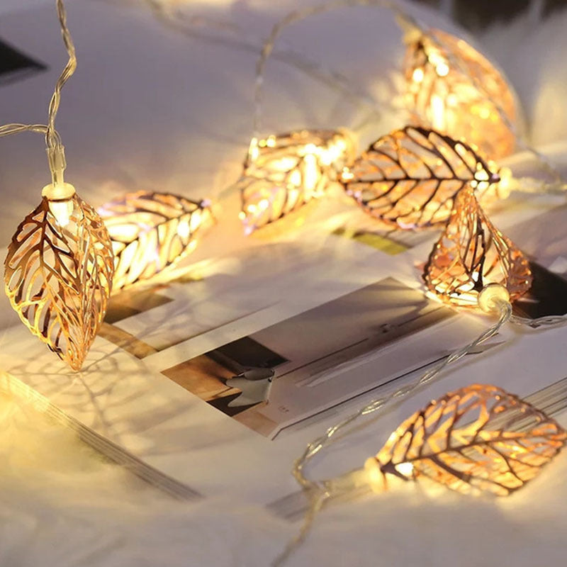 Cross-border new products led wrought iron gold leaf light string 3D hollow leaf string light Christmas decorative lights flash string romantic