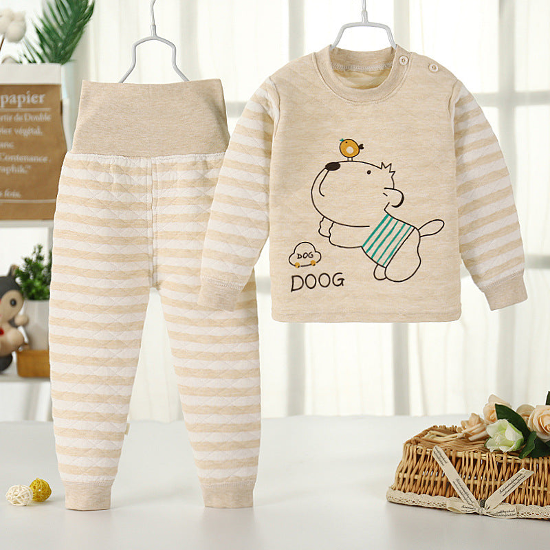 Winterpure cottonkidsheattechintimatessuit three-layer quilted baby high waist belly protection fleece-linedthickened autumn clothes and long trousers
