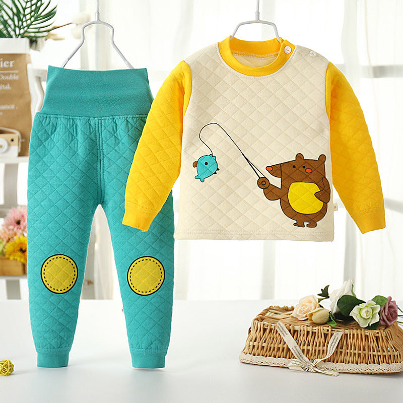 Winterpure cottonkidsheattechintimatessuit three-layer quilted baby high waist belly protection fleece-linedthickened autumn clothes and long trousers
