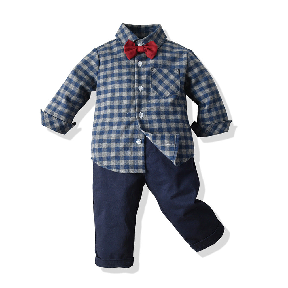Export spring & fallnew arrival dark plaid shirt pants casualtwo-piece set wholesalechildren's suit