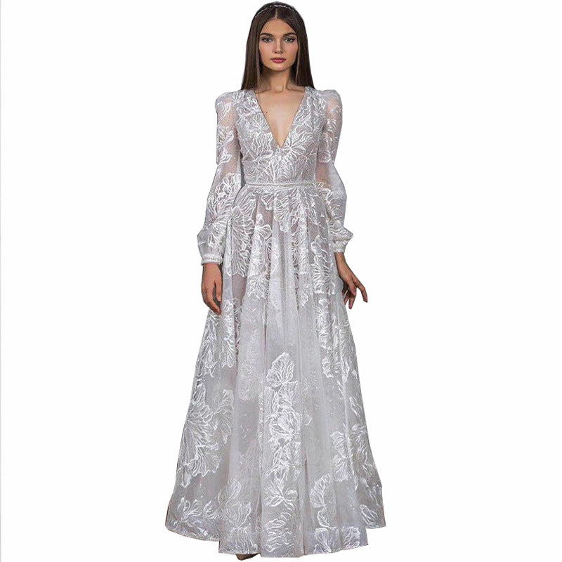 cross-border european and american style sequin dress - new  lace embroidery wedding dress, evening gown, and banquet dress