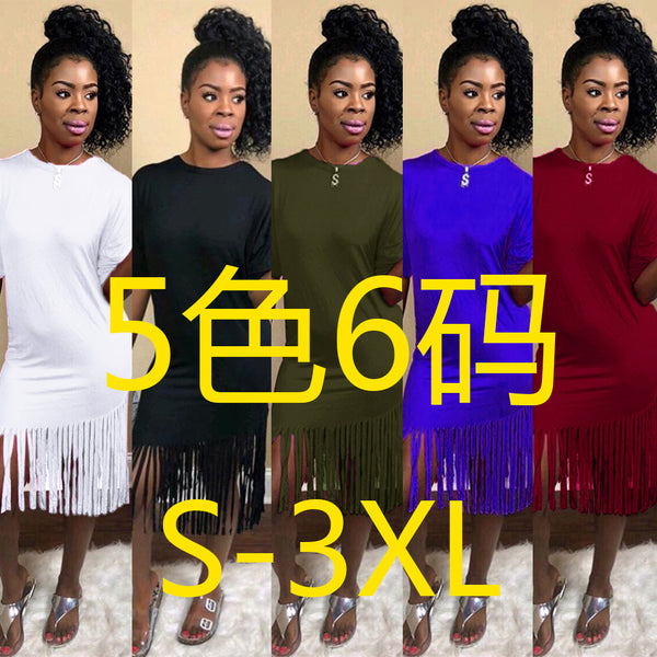 Spot! K8837 sexy crew neck solid color, fringed casual dress, nightclub clothes.