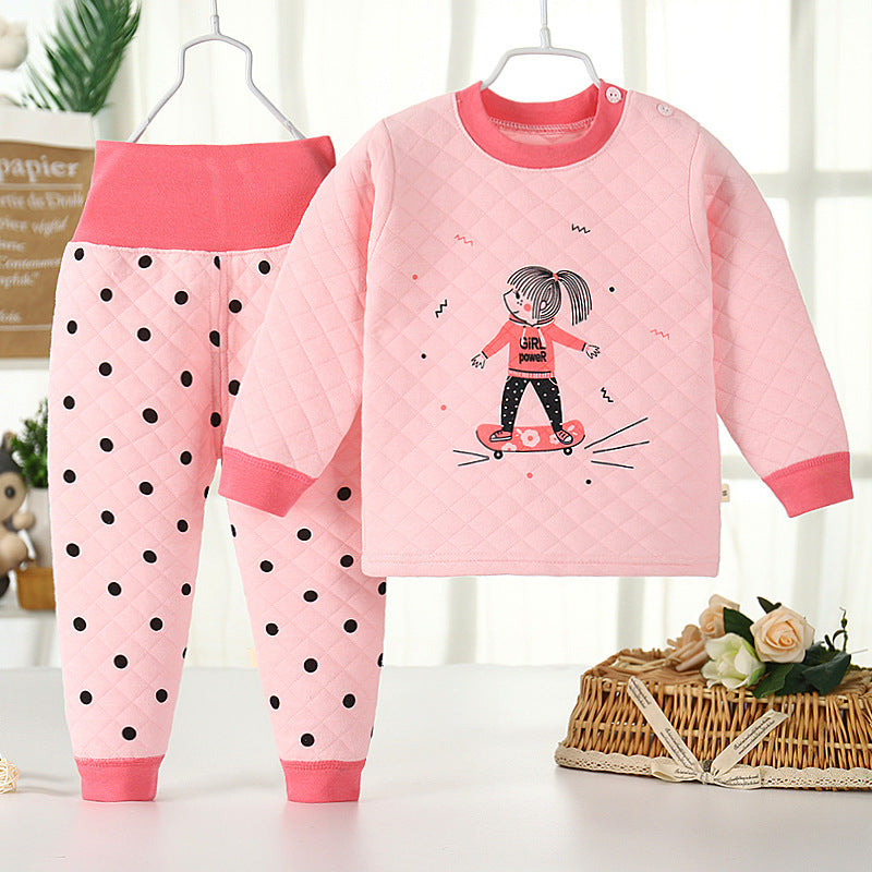 Winterpure cottonkidsheattechintimatessuit three-layer quilted baby high waist belly protection fleece-linedthickened autumn clothes and long trousers