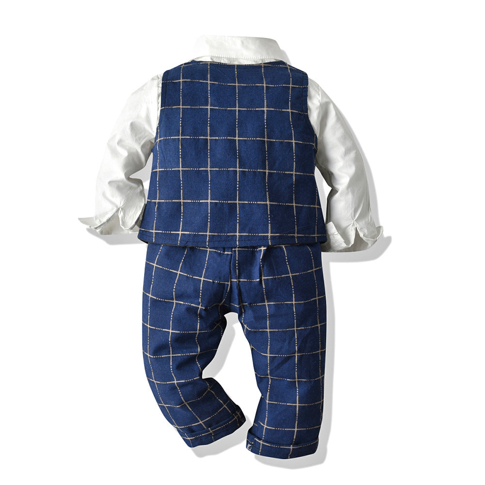 Export spring and summer children's clothing kids performance dress vest plaid suit long sleeves shirt suit boys first birthday dress