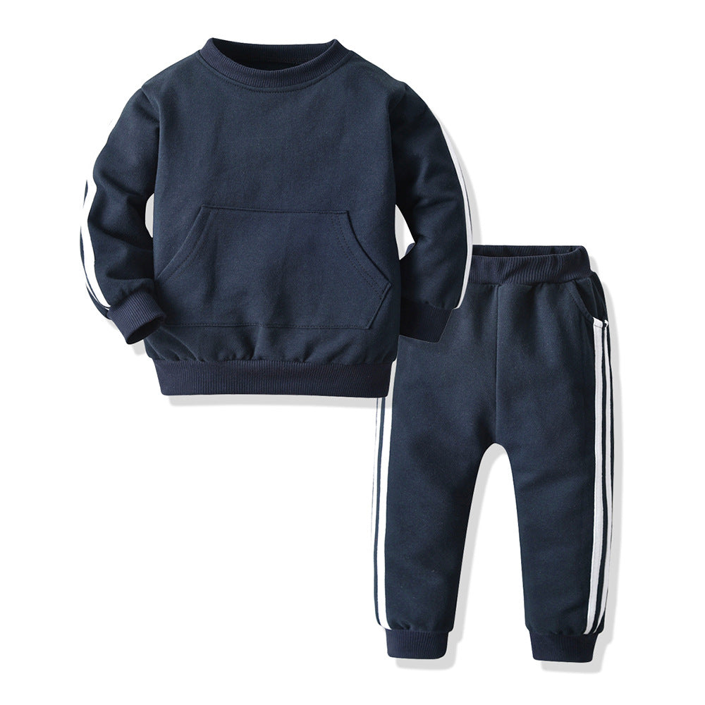 Wholesale trendy kids' two-piece set: round neck, brushed fleece, european & american style, spring/autumn activewear for boys & girls