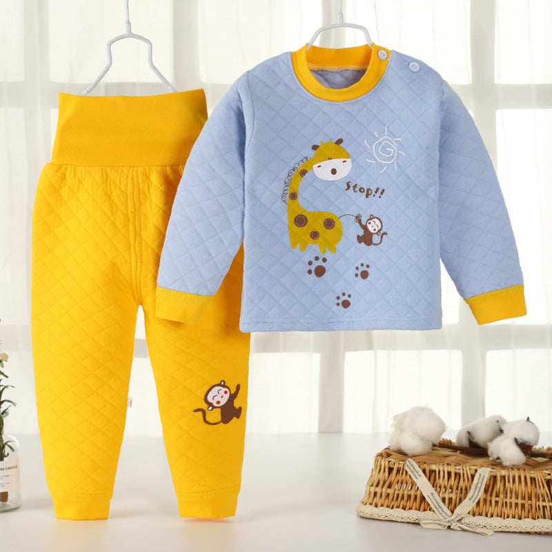 Winterpure cottonkidsheattechintimatessuit three-layer quilted baby high waist belly protection fleece-linedthickened autumn clothes and long trousers