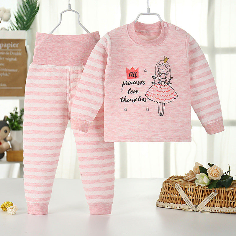 Winterpure cottonkidsheattechintimatessuit three-layer quilted baby high waist belly protection fleece-linedthickened autumn clothes and long trousers