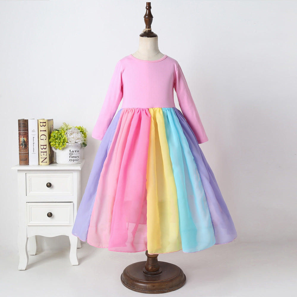 Best sellingexport children's skirt autumn winterlong sleeves rainbow mesh dress girls rainbow printing princess dress