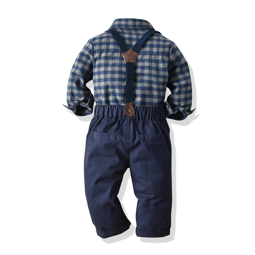 Export spring & fallnew arrival dark plaid shirt pants casualtwo-piece set wholesalechildren's suit