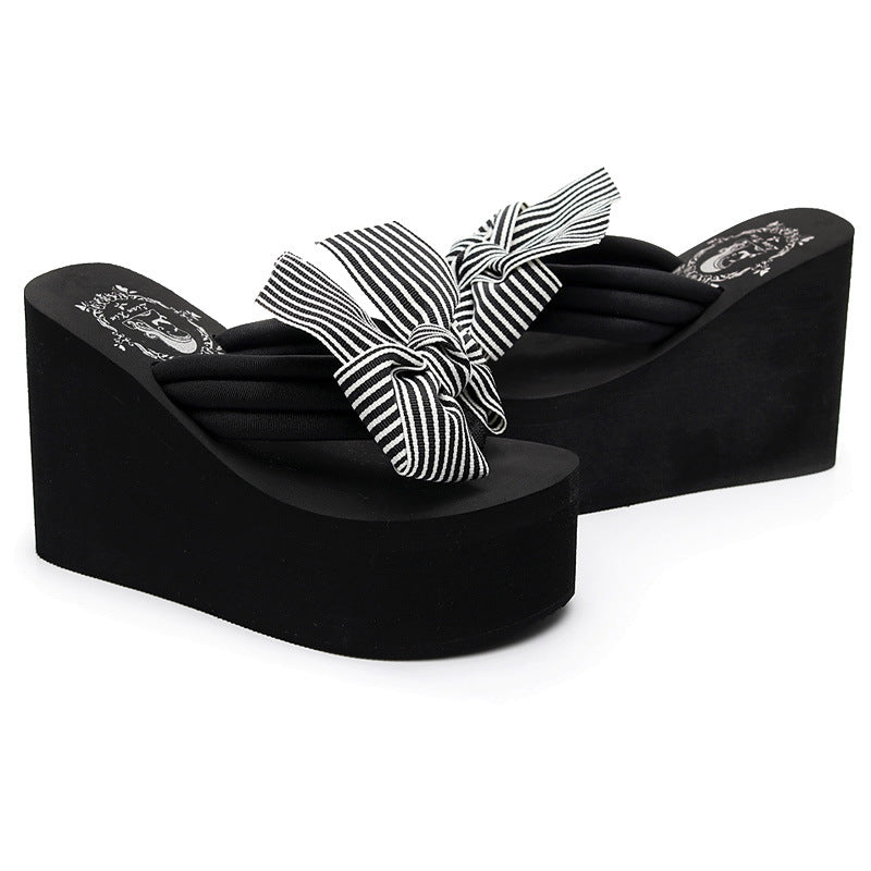 Shining joy 2025 new 11cm ultra high heel beach flip-flops - cute & stylish bowknot design, wearable thick-soled slippers