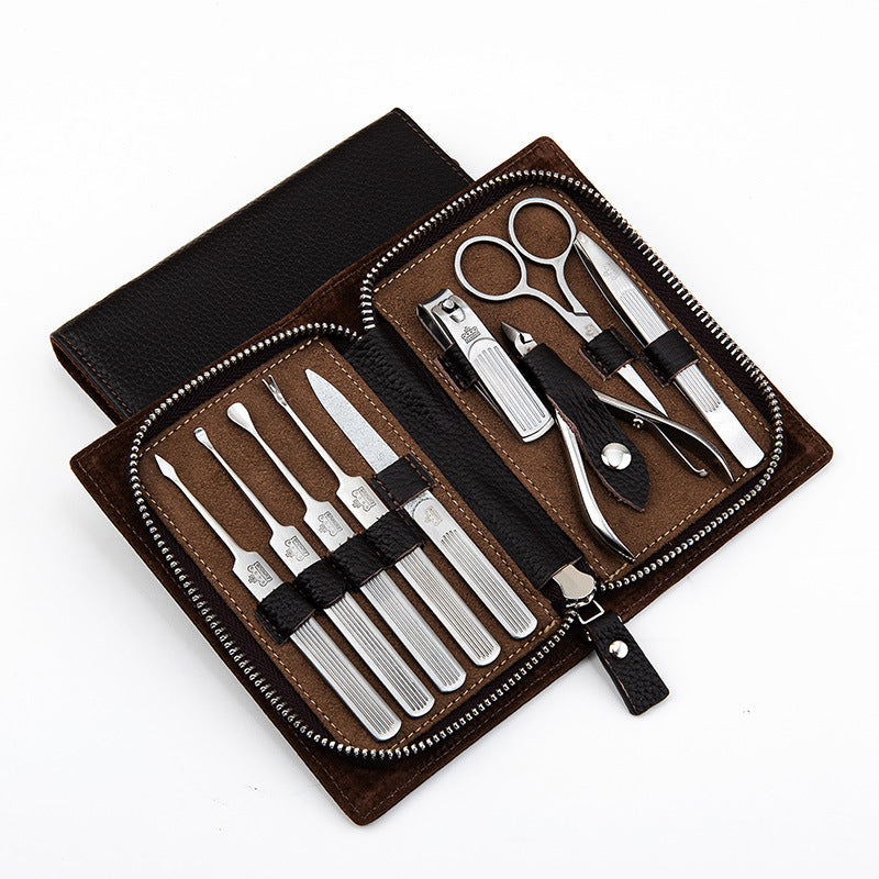 【cowhide case】9-piece stainless steel nail clipper set - manicure kit with trimmer, beauty pliers, and gift box