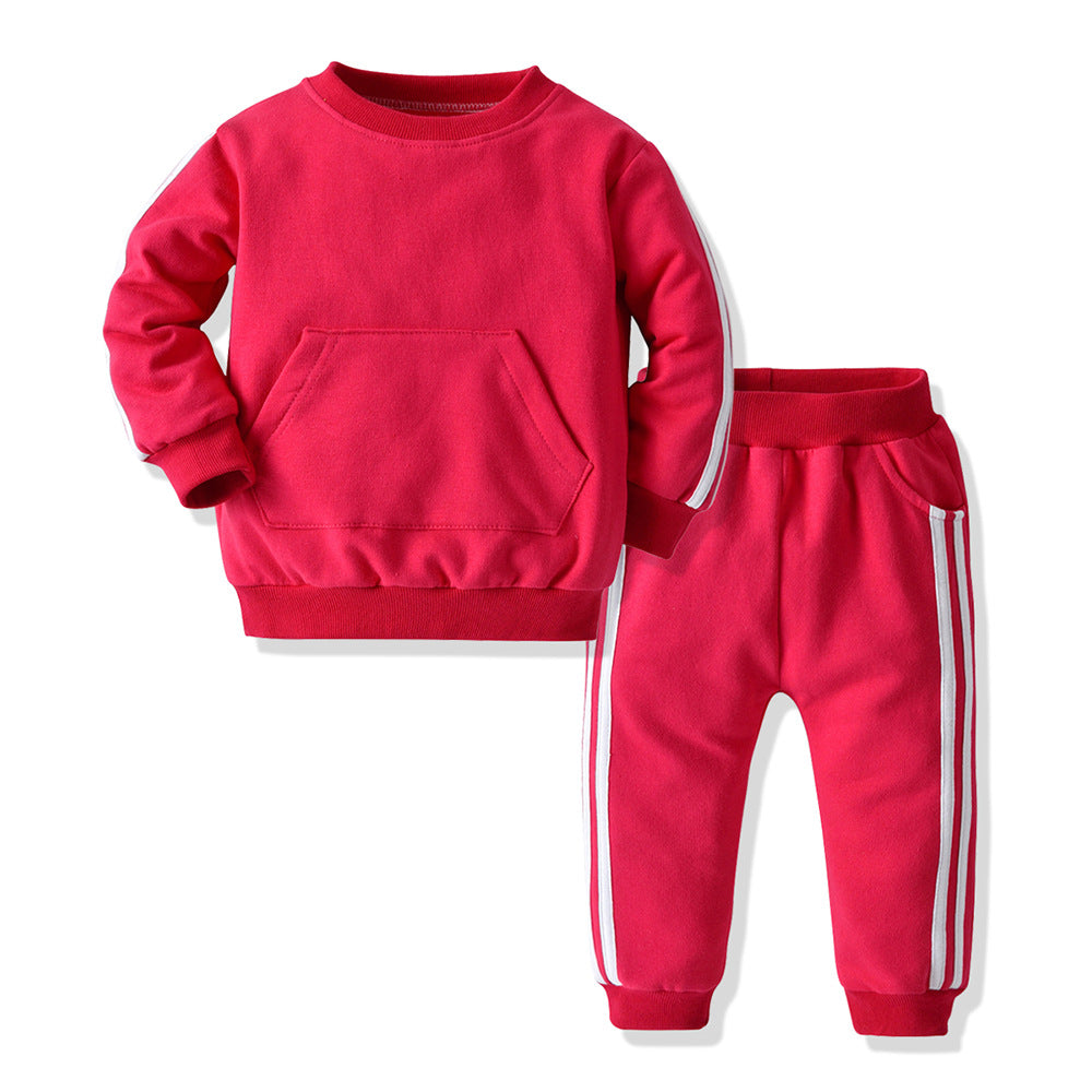 Wholesale trendy kids' two-piece set: round neck, brushed fleece, european & american style, spring/autumn activewear for boys & girls