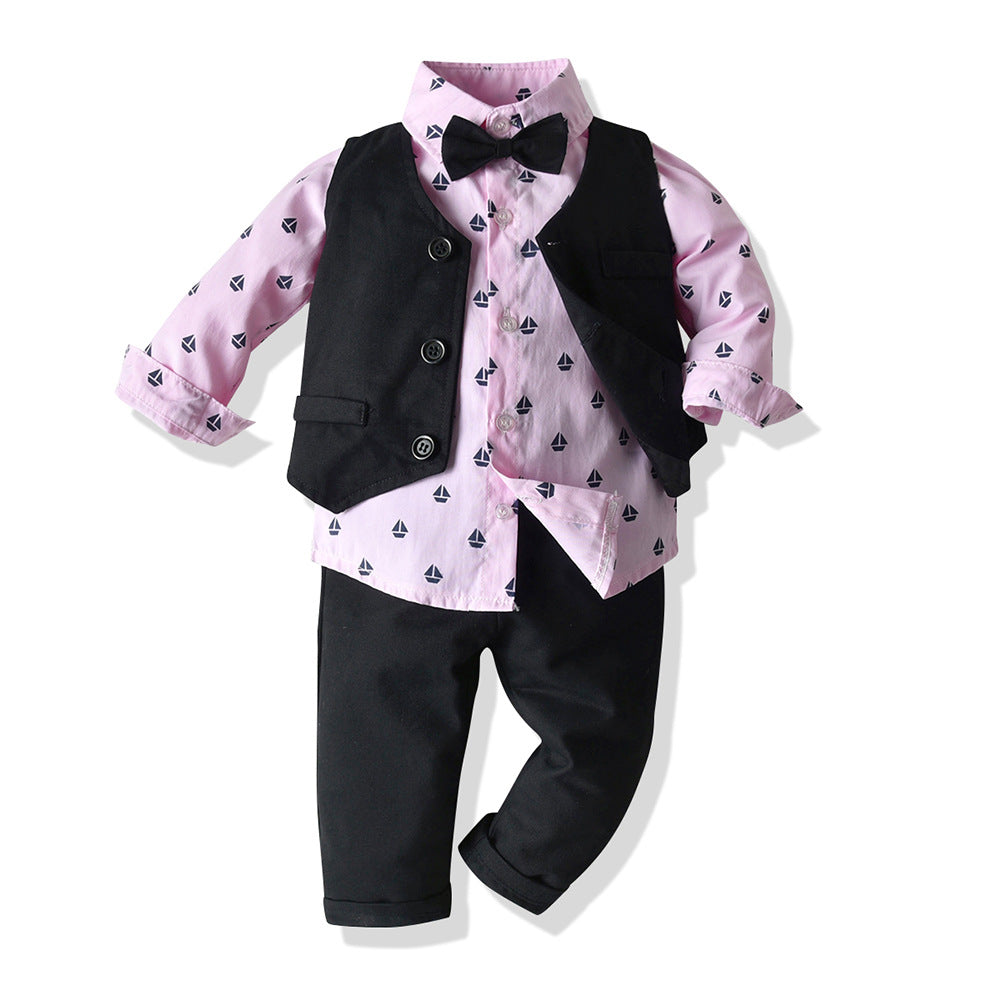 Boys' formal wear: gentleman's long-sleeve set for infants and toddlers - sailing print bodysuit, vest, and three-piece british style outfit