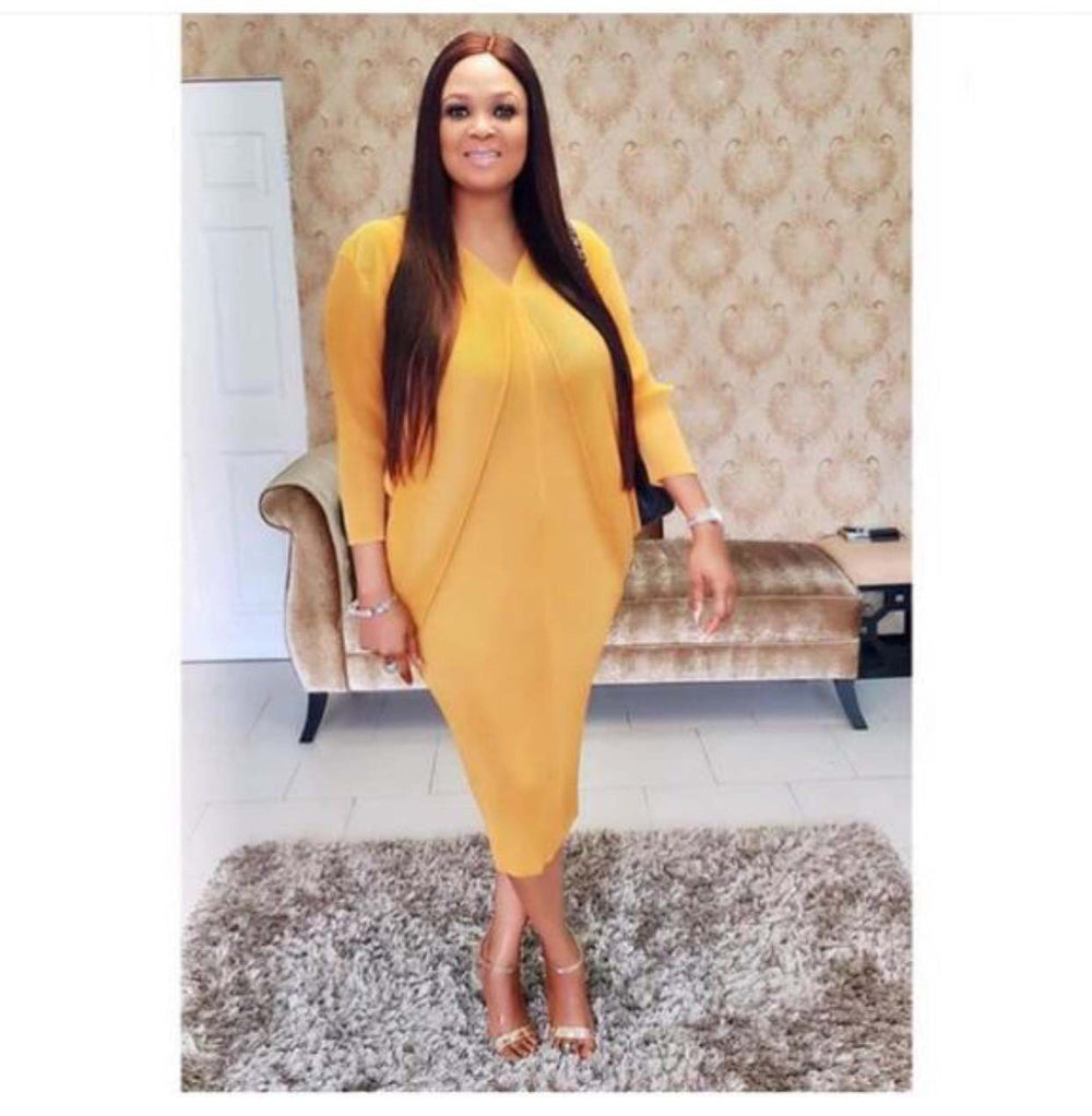 supply, fully pleated, long-sleeved, v-neck, midi-length, elegant and sophisticated solid color dress. hot-selling in europe and america, special offer for africa