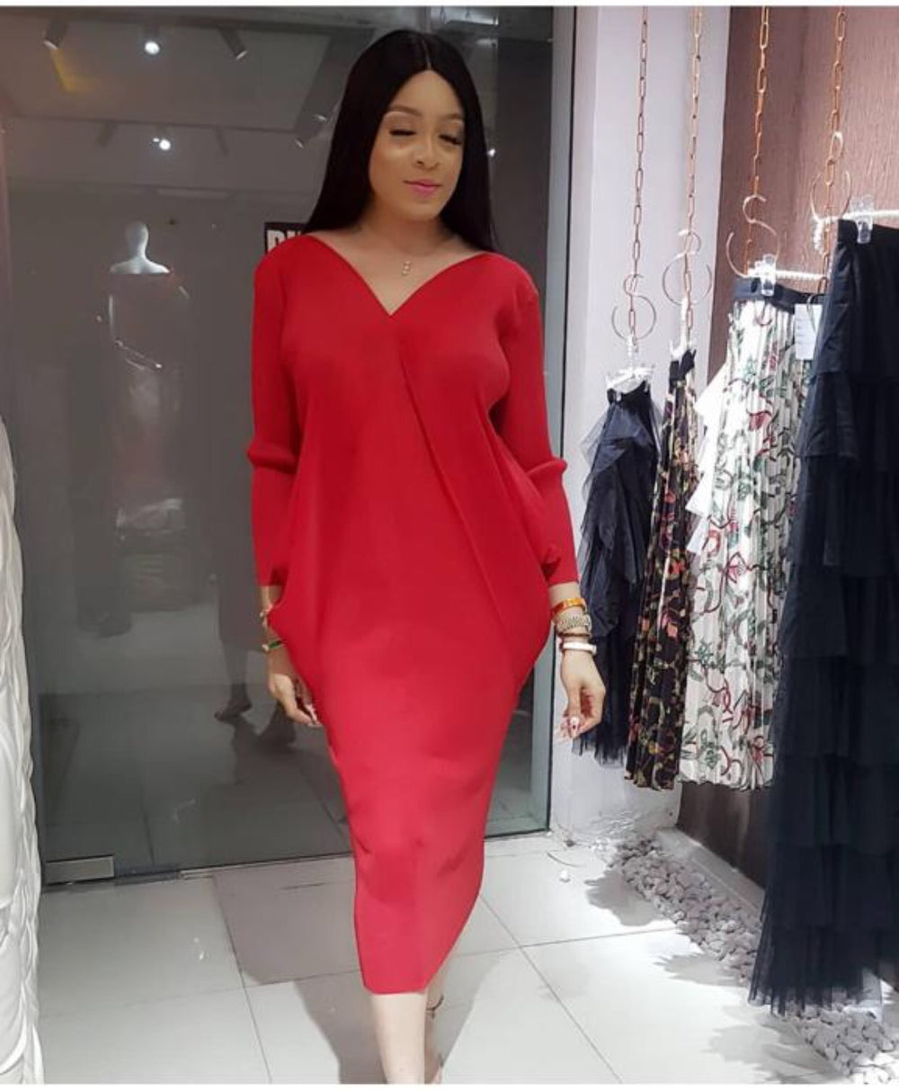 supply, fully pleated, long-sleeved, v-neck, midi-length, elegant and sophisticated solid color dress. hot-selling in europe and america, special offer for africa