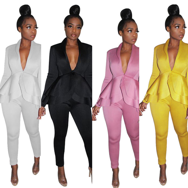 Z056 European and American sexy women's clothing   supply solid color V-neck two-piece set