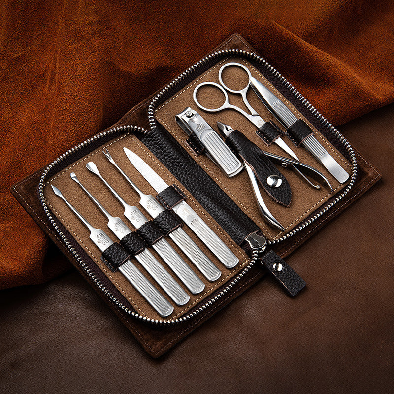 【cowhide case】9-piece stainless steel nail clipper set - manicure kit with trimmer, beauty pliers, and gift box