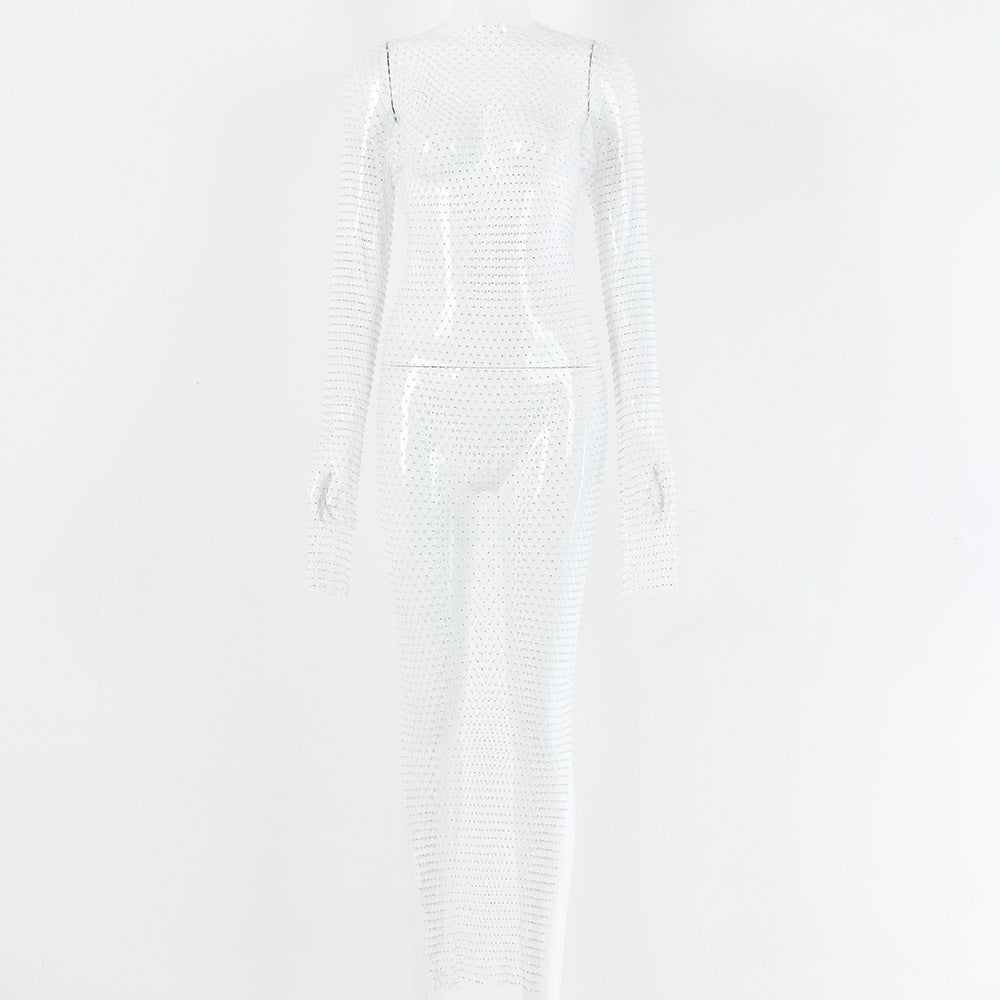 European and American sexy women's clothing autumn new 2022  hot-selling solid color fishing net grid flash diamond round neck split dress