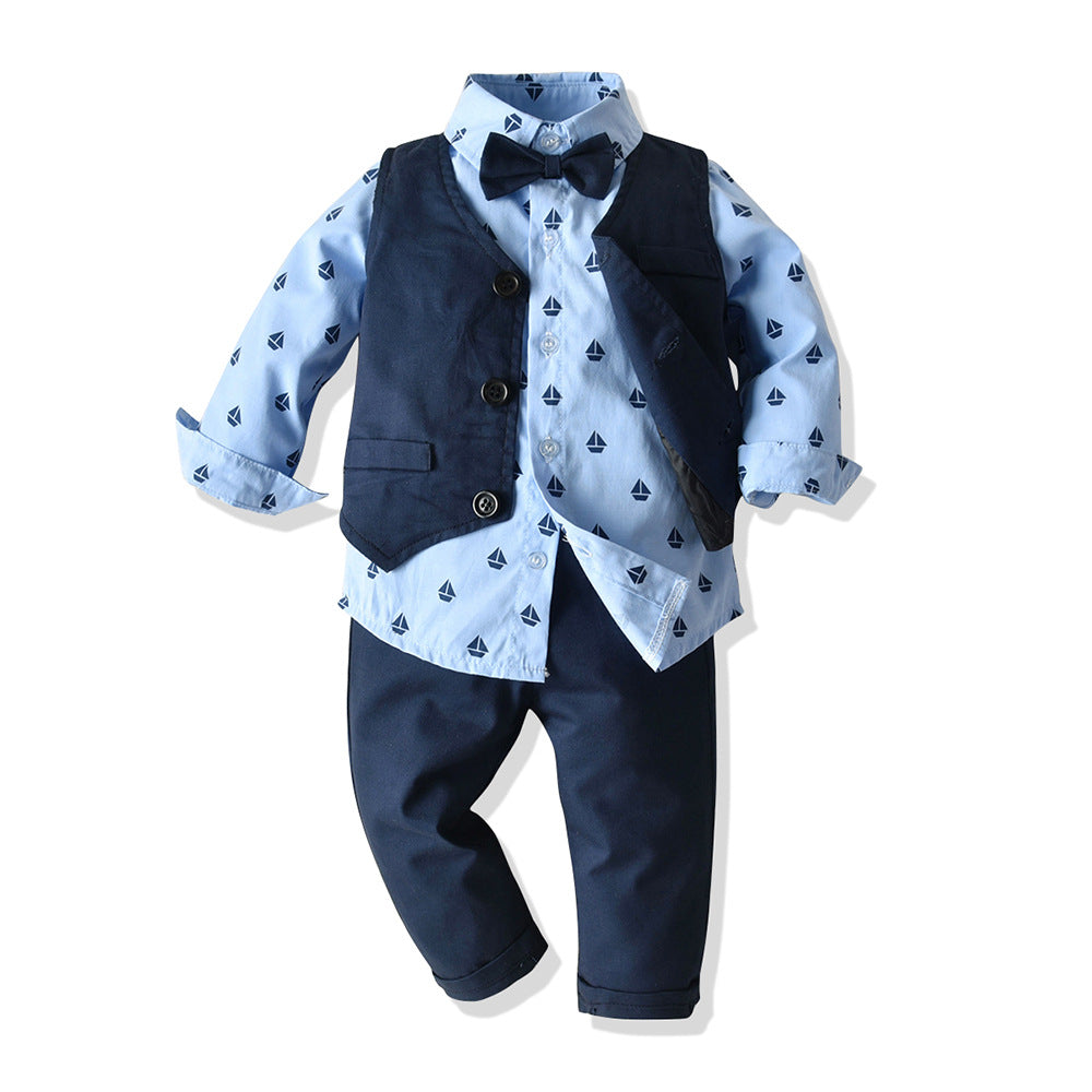 Insfall and winternew arrivalchildren's printing shirt vest pants three-piece set british style suit wholesale