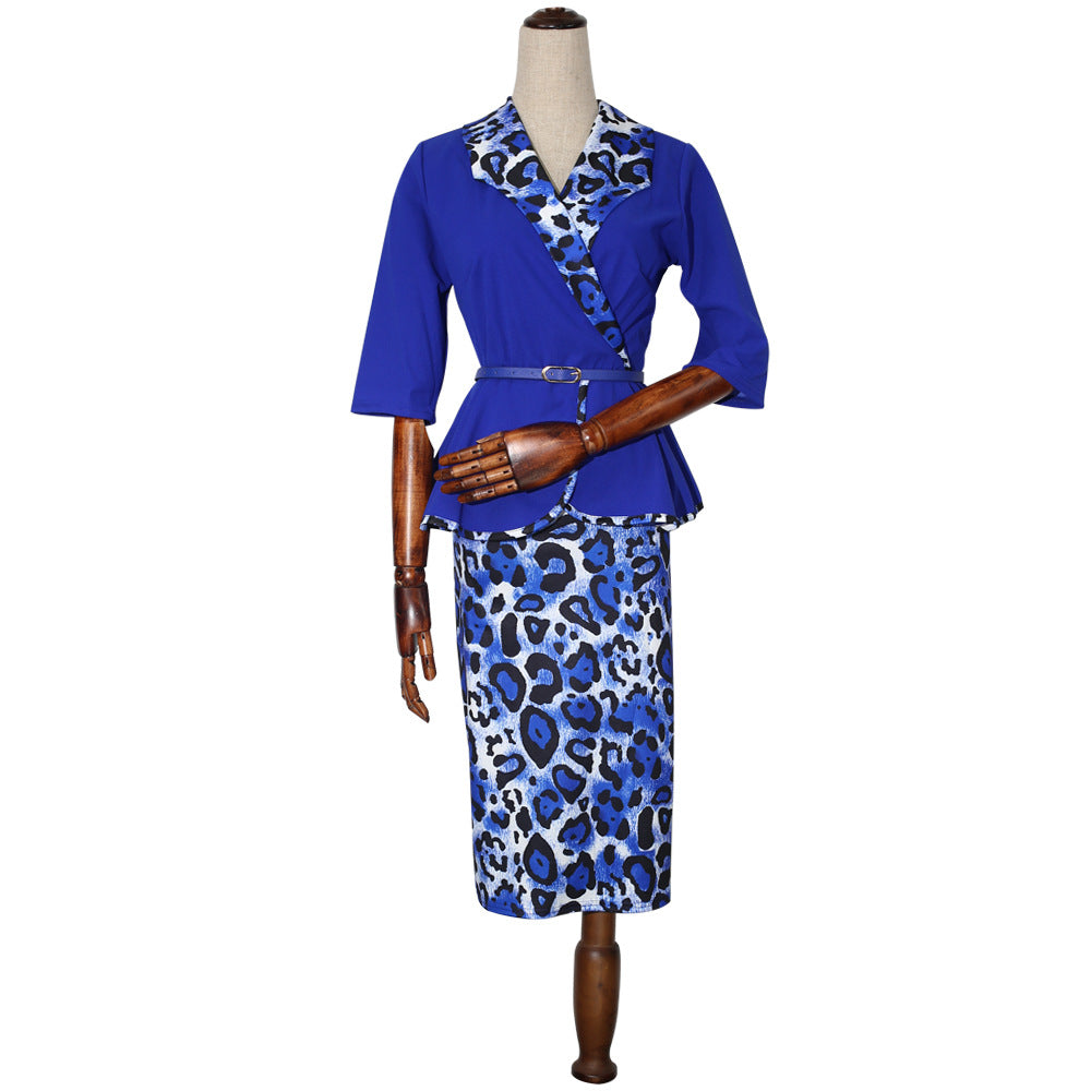 cross-border women's fashion:  hot-selling african style - collared ruffle top + leopard print slim-fit midi skirt