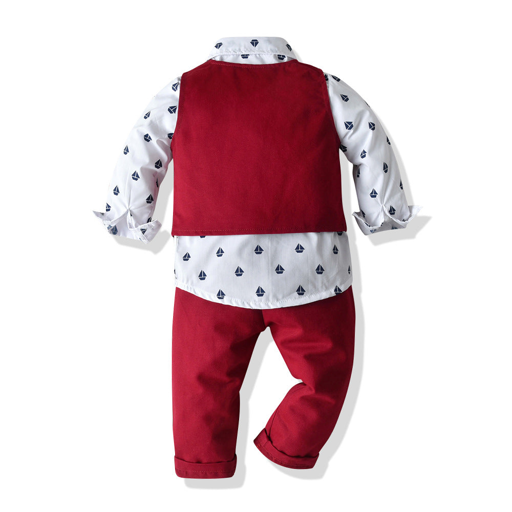 European and american cross-border children's spring/autumn collection: boys' printed vest three-piece set, baby long-sleeve formal outfit, ready stock wholesale