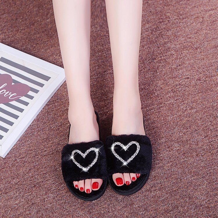 Furry cotton slippers for women winter indoor wooden floor confinement shoes stuffed flip-flops heart furry slippers for women