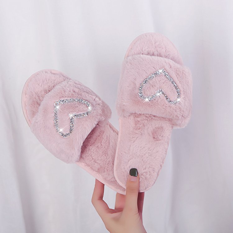 Furry cotton slippers for women winter indoor wooden floor confinement shoes stuffed flip-flops heart furry slippers for women
