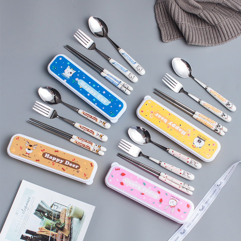 Creative little rabbit stainless steel tableware household ceramic children's dinnerware three-piece set cartoon portable fork, spoon, and chopsticks set