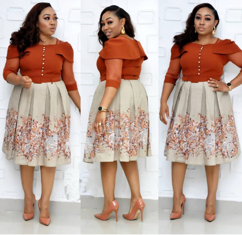 supply digital printing with pure color one-shoulder lotus leaf sleeves and waist a-line skirt with matching belt of the same color