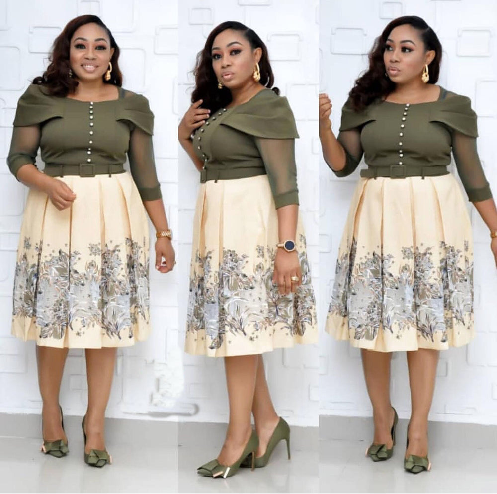 supply digital printing with pure color one-shoulder lotus leaf sleeves and waist a-line skirt with matching belt of the same color