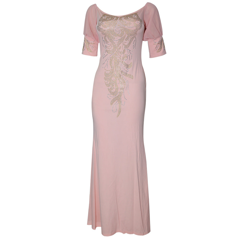 supply of women's clothing, african clothing, plus size clothing,  puff sleeves, hot diamond beads, one-line collar silmdress