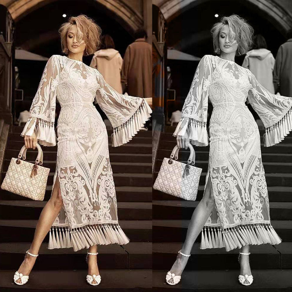 2025 spring new arrivals: european and american style embroidered dresses, white tassel gowns, amazon lace dresses