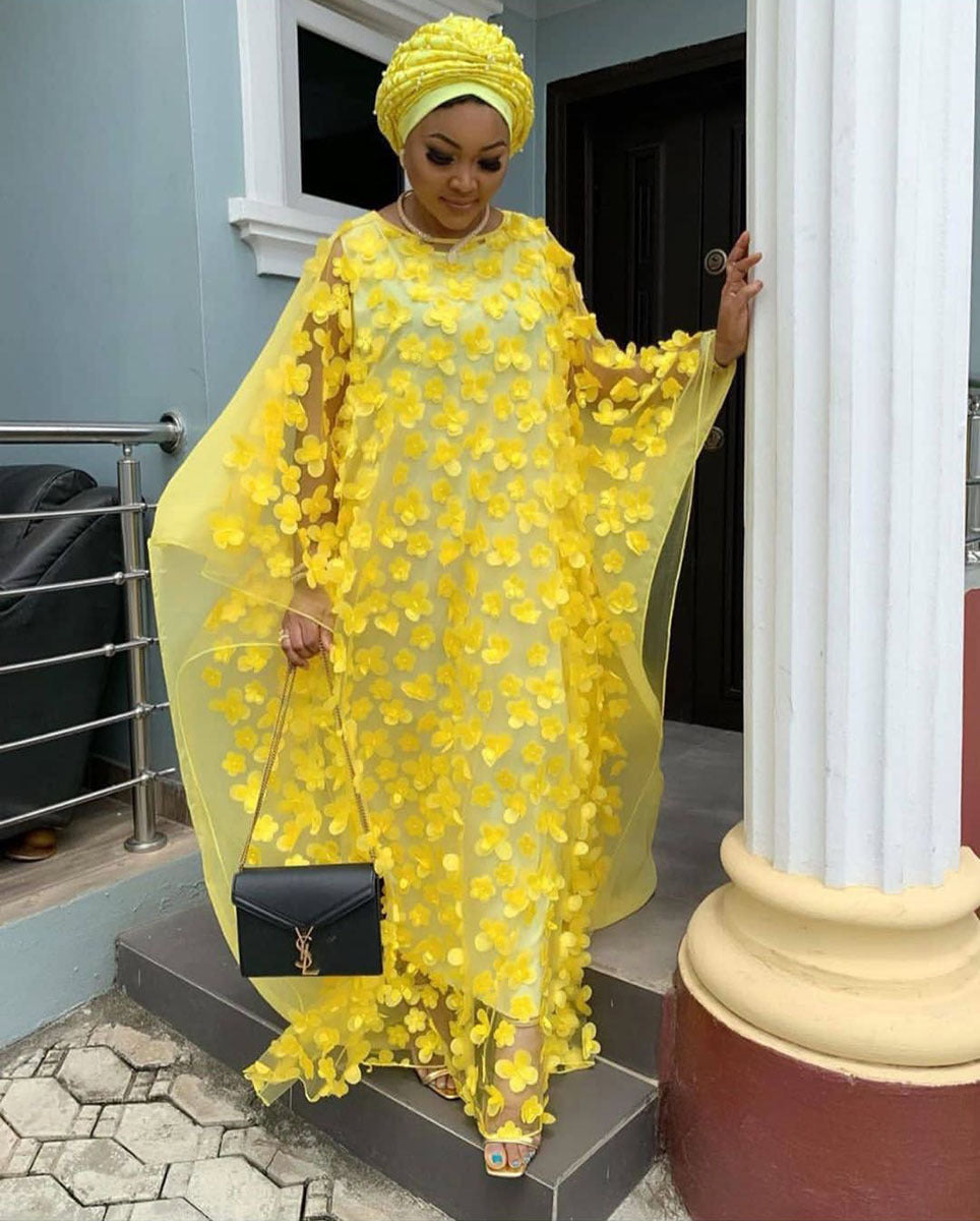 supply stereo embroidered flower mesh round neck bat sleeve looseplus size robe + vest african women's clothing clearance