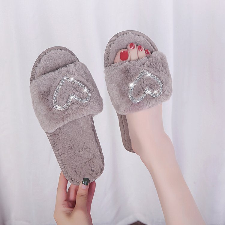 Furry cotton slippers for women winter indoor wooden floor confinement shoes stuffed flip-flops heart furry slippers for women
