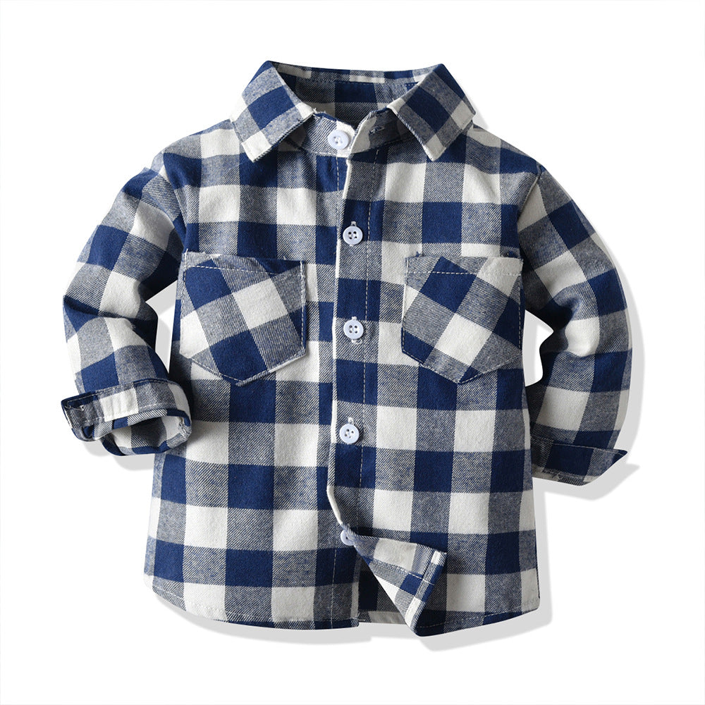 children's clothing spring & fallnew arrival boys double flap pocket pantslong sleevescardiganplaid lapel kids shirtshirt