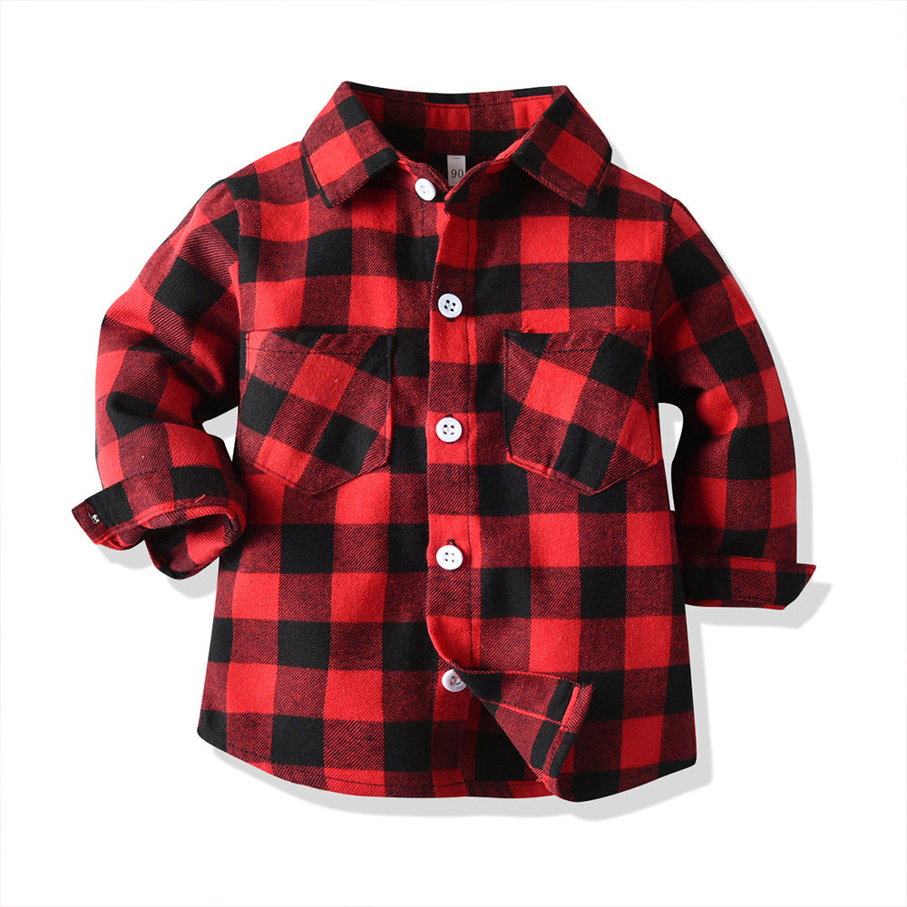 children's clothing spring & fallnew arrival boys double flap pocket pantslong sleevescardiganplaid lapel kids shirtshirt