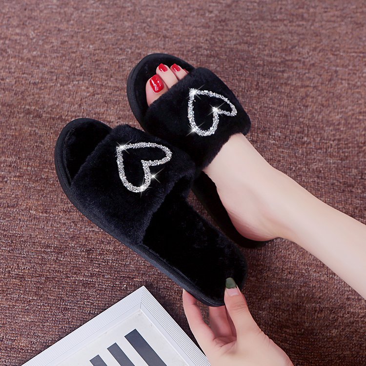 Furry cotton slippers for women winter indoor wooden floor confinement shoes stuffed flip-flops heart furry slippers for women