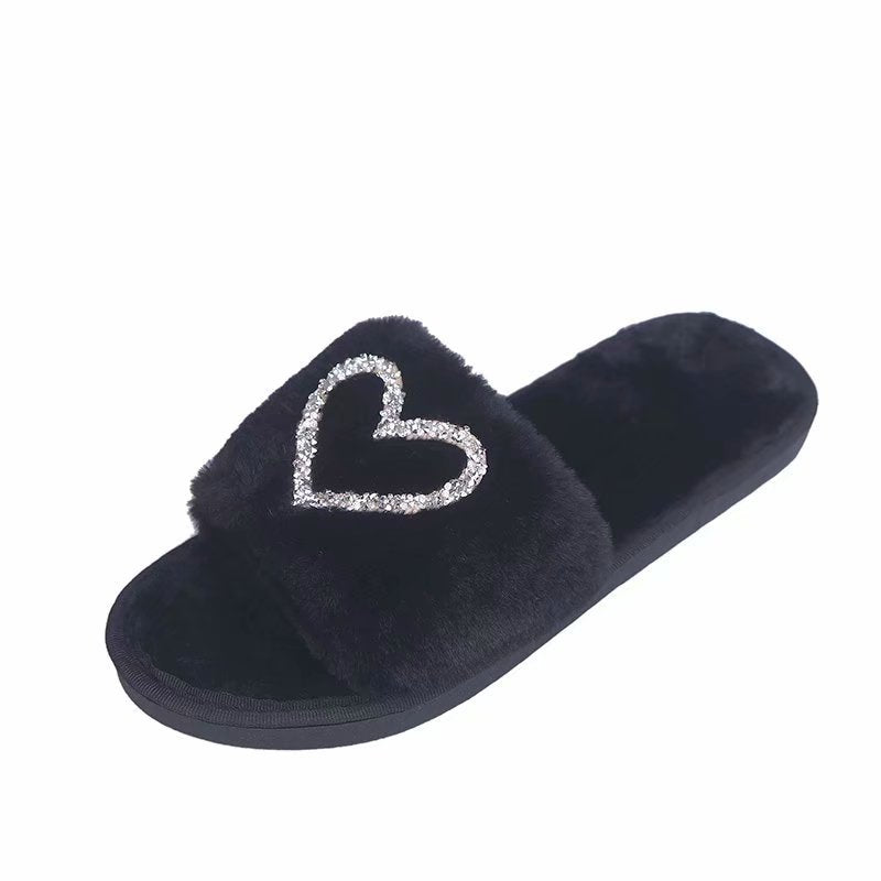 Furry cotton slippers for women winter indoor wooden floor confinement shoes stuffed flip-flops heart furry slippers for women