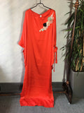 Clearance artificial silk satin solid color batwing sleeve dress with bow cuffs and 3d floral appliqué detail - maxi length
