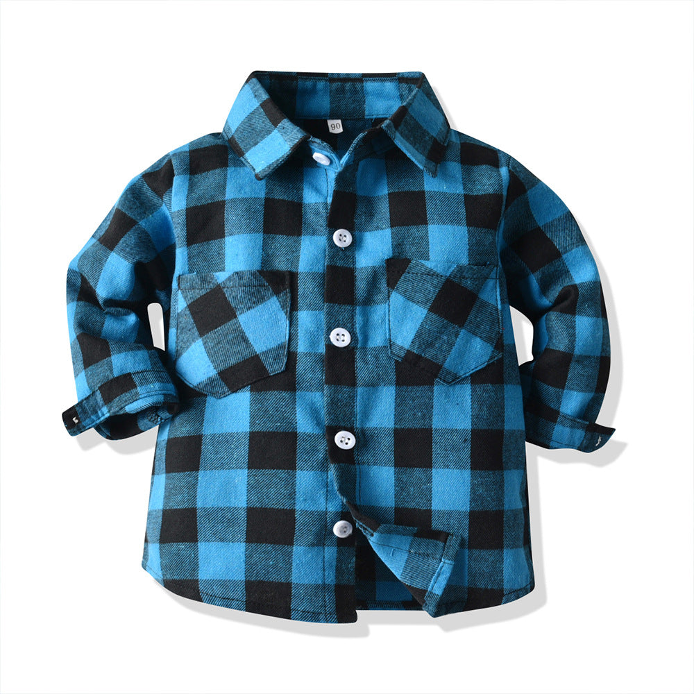 children's clothing spring & fallnew arrival boys double flap pocket pantslong sleevescardiganplaid lapel kids shirtshirt