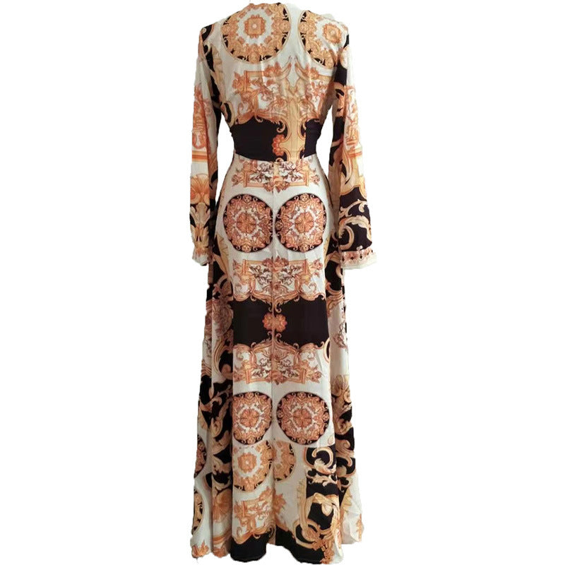2025 cross-border evening gown: european and american print dress, v-neck pullover, vintage long sleeve, flared hem, slit maxi dress