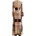2025 cross-border evening gown: european and american print dress, v-neck pullover, vintage long sleeve, flared hem, slit maxi dress