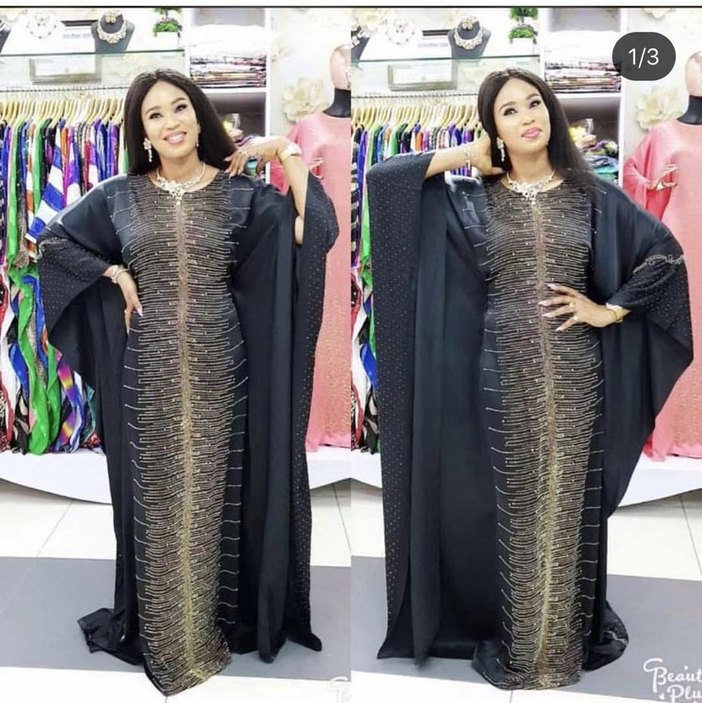 african plus size women's clothing heavy industry hot diamond beading silk satin round neck wide bat sleeve robe matching headscarf