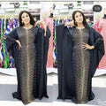 african plus size women's clothing heavy industry hot diamond beading silk satin round neck wide bat sleeve robe matching headscarf
