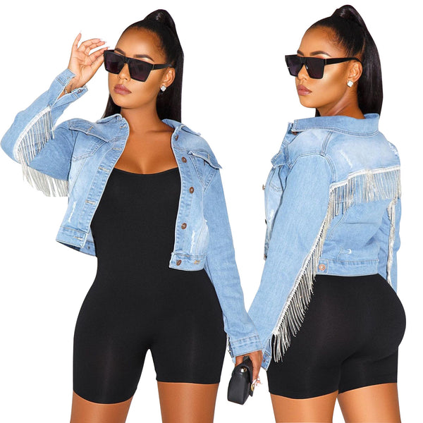 YZ1129 European and American  women's clothing  tassel button pocket ripped denim jacket