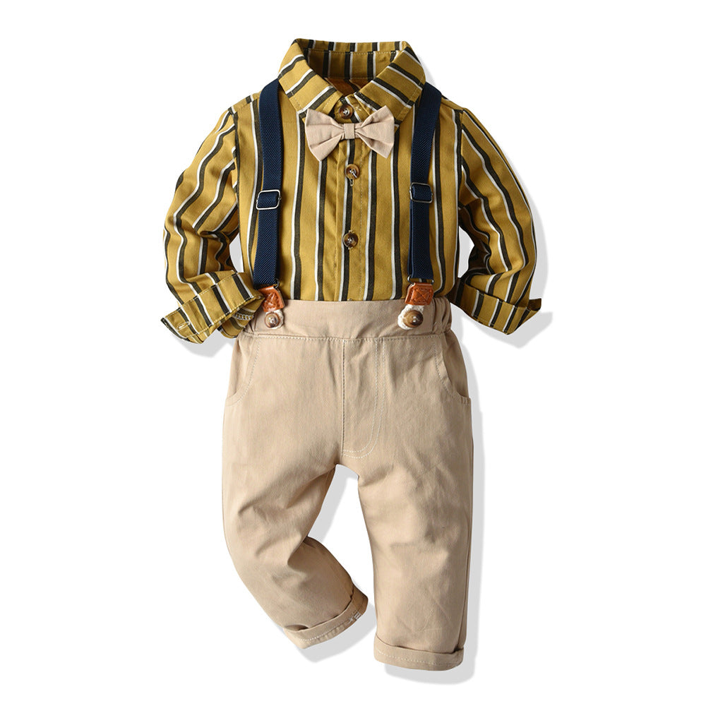 Wholesale manufacturer: cross-border spring/summer/autumn/winter boys' clothing set - long-sleeved striped turn-down collar shirt & overalls - children's formal wear