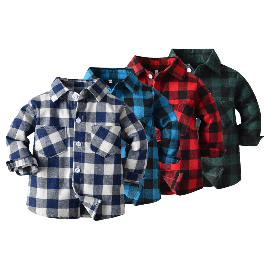 children's clothing spring & fallnew arrival boys double flap pocket pantslong sleevescardiganplaid lapel kids shirtshirt