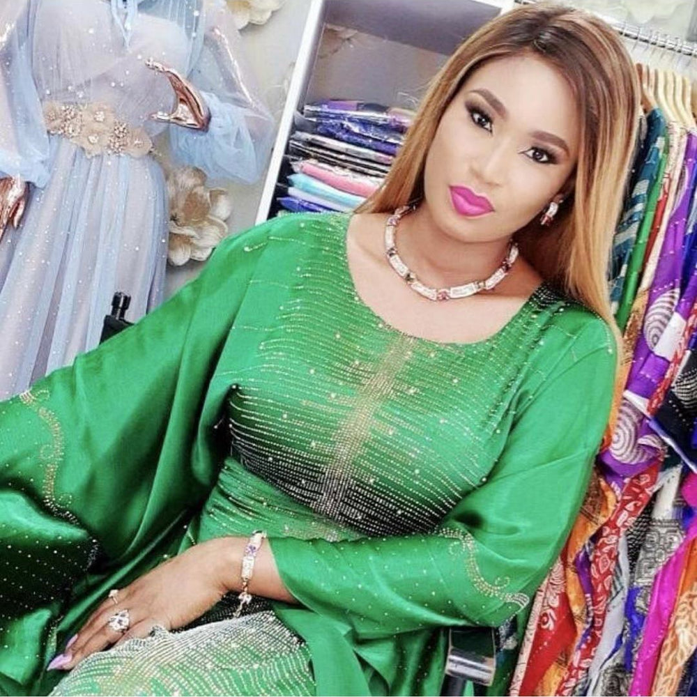african plus size women's clothing heavy industry hot diamond beading silk satin round neck wide bat sleeve robe matching headscarf