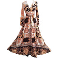 2025 cross-border evening gown: european and american print dress, v-neck pullover, vintage long sleeve, flared hem, slit maxi dress